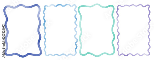 Rectangular frame with scalloped edges. Set of drawing wavy elegant outline frame in watercolor style