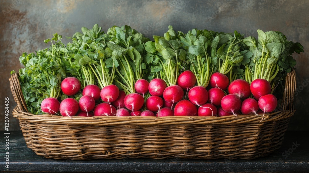 Freshly harvested radishes and greens arranged in a rustic basket on a wooden surface Freshly harvested radishes and greens arranged in a rustic basket on a wooden surface
