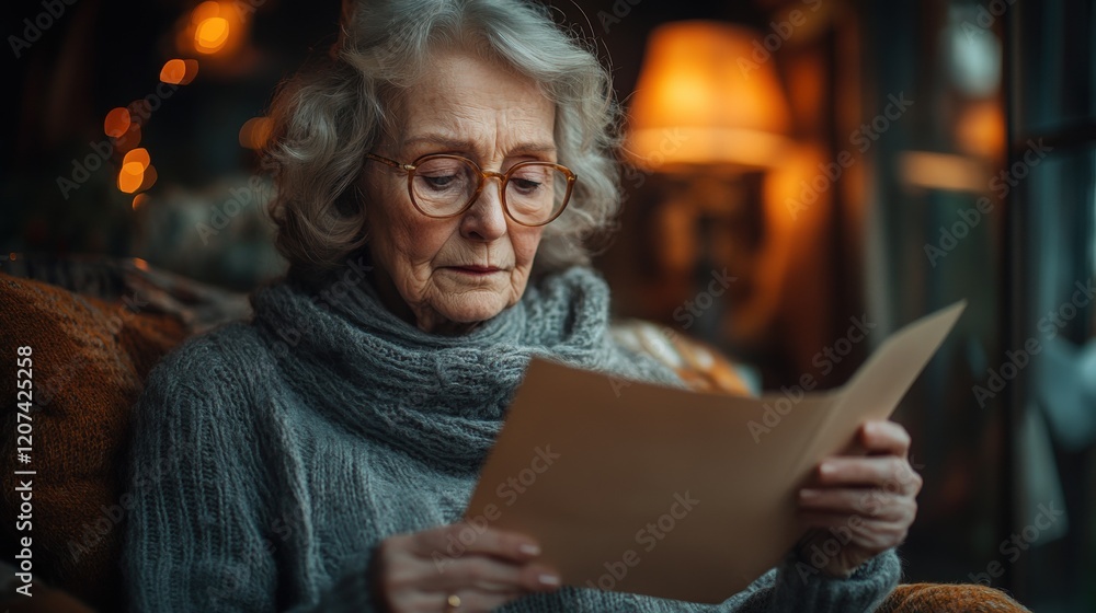 Elderly woman reading a letter while sitting in a cozy living room surrounded by warm lighting and soft furnishings Elderly woman reading a letter while sitting in a cozy living room surrounded by warm lighting and soft furnishings