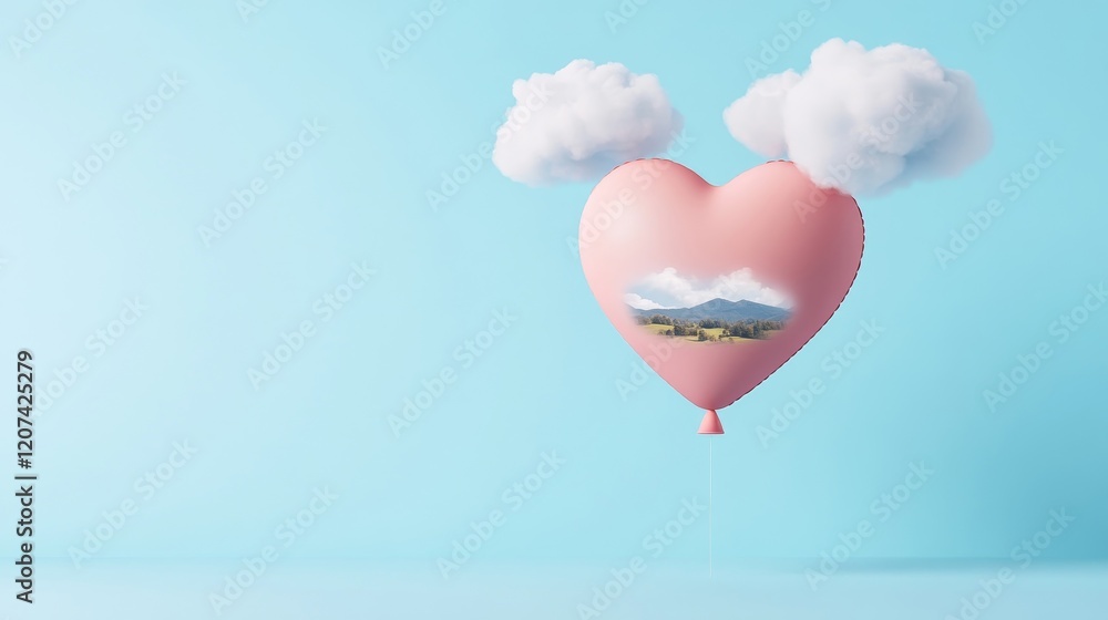 Fototapeta premium A Heart-Shaped Balloon Floating Against a Soft Blue Background Surrounded by Fluffy Clouds and Featuring a Scenic Mountain Landscape Inside the Heart