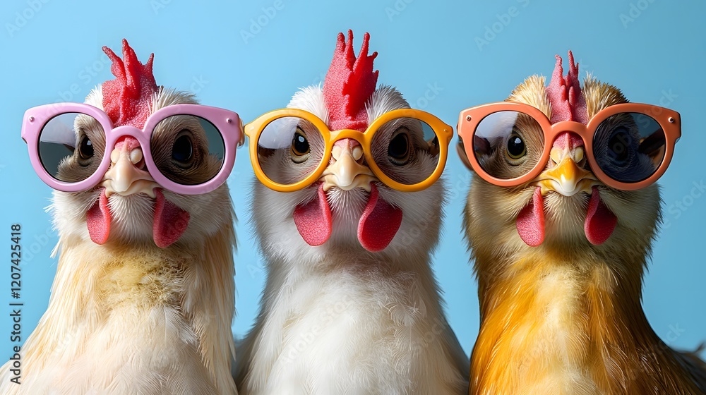 Fototapeta premium Three Hens in Sunglasses – Fun Spring and Easter Concept