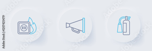 Set line Fire extinguisher, Megaphone and Electric wiring of socket fire icon. Vector