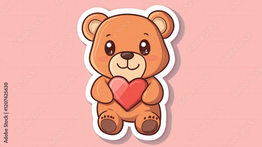 Cute Cartoon Bear Holding Red Heart with Happy Expression on Soft Pink Background for Children's Art and Decor Cute Cartoon Bear Holding Red Heart with Happy Expression on Soft Pink Background for Children's Art and Decor