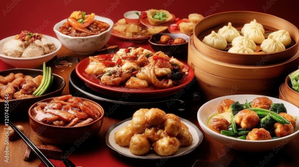 Chinese New Year Family Dinner: A Festive Table Adorned with Fish Balls, Stuffed Buns, and Red Decor, Capturing the Essence of Lunar Celebrations Chinese New Year Family Dinner: A Festive Table Adorned with Fish Balls, Stuffed Buns, and Red Decor, Capturing the Essence of Lunar Celebrations