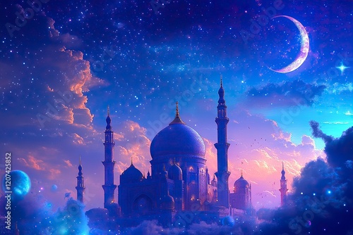 Celestial Mosque: A Dreamlike Nightscape in Vibrant Hues photo