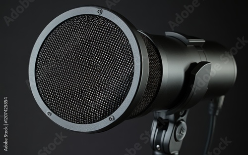 Close-up of a sleek, black condenser microphone, its intricate mesh grille catching the light against a dark background. Professional audio equipment.