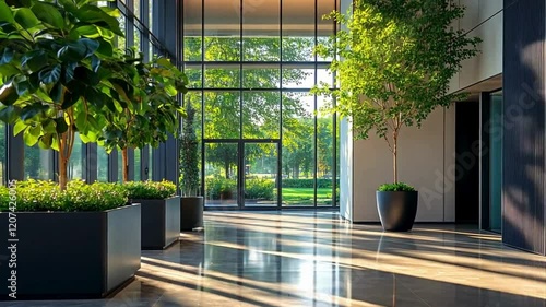 a spacious, modern interior office design with large windows that allow natural light with plants