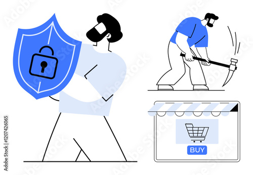 Man holding a secure shield, another man mining with a pickaxe, and an online shopping cart with BUY button. Ideal for cybersecurity, ecommerce safety, manual labor, digital protection, computer