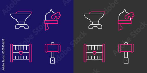 Set line Battle hammer, Antique treasure chest, Viking in horned helmet and Anvil for blacksmithing icon. Vector