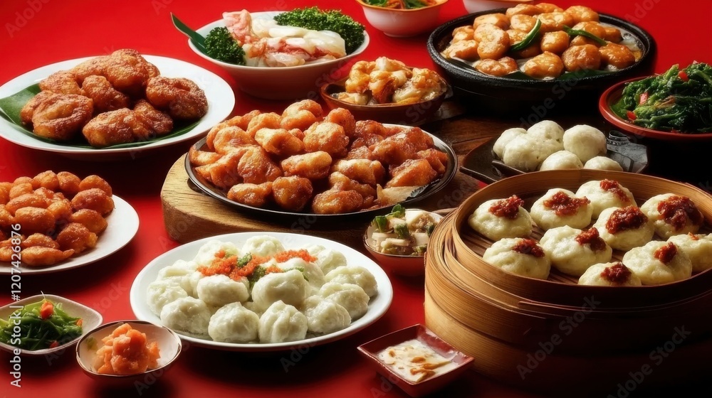 Chinese New Year Family Dinner: A Festive Table Adorned with Fish Balls, Stuffed Buns, and Red Decor, Capturing the Essence of Lunar Celebrations Chinese New Year Family Dinner: A Festive Table Adorned with Fish Balls, Stuffed Buns, and Red Decor, Capturing the Essence of Lunar Celebrations