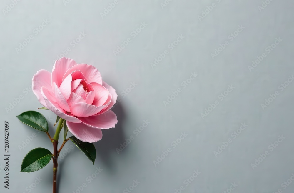 a single pink camellia flower on gray background a single pink camellia flower on gray background