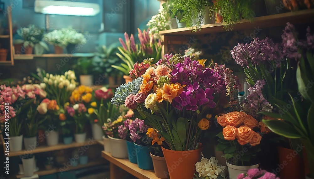 Obraz premium Florist Crafting a Colorful Bouquet of Fresh Flowers for Special Occasions