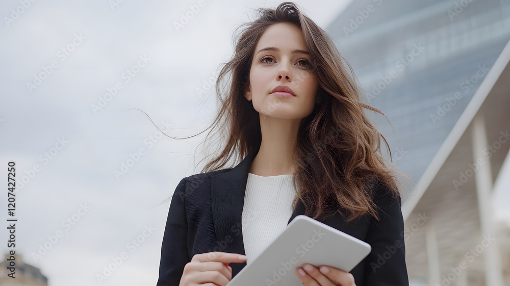 Confident businesswoman tablet city outdoor thinking Confident businesswoman tablet city outdoor thinking