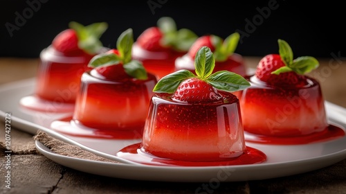 Wallpaper Mural Colorful strawberry jelly dessert on a white plate garnished with fresh mint leaves Torontodigital.ca