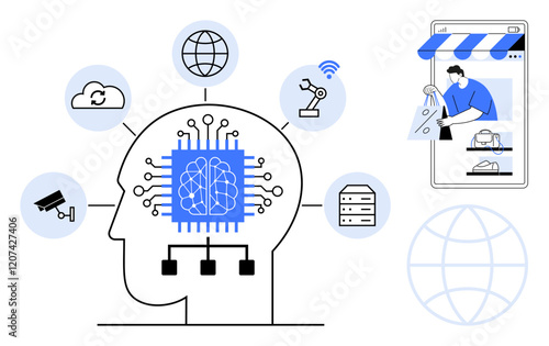 Circuit-embedded brain inside a human head connects to cloud storage, globe, robotic arm, security camera, server. Man shopping through smartphone. Ideal for digital transformation, smart tech, AI