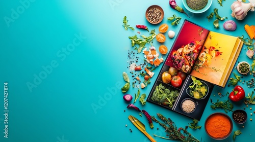 Tilted angle view of a surreal cookbook, vibrant colors swirling like abstract art, blending modern novel covers with culinary ingredients, oil paint texture, inspiring creativity photo