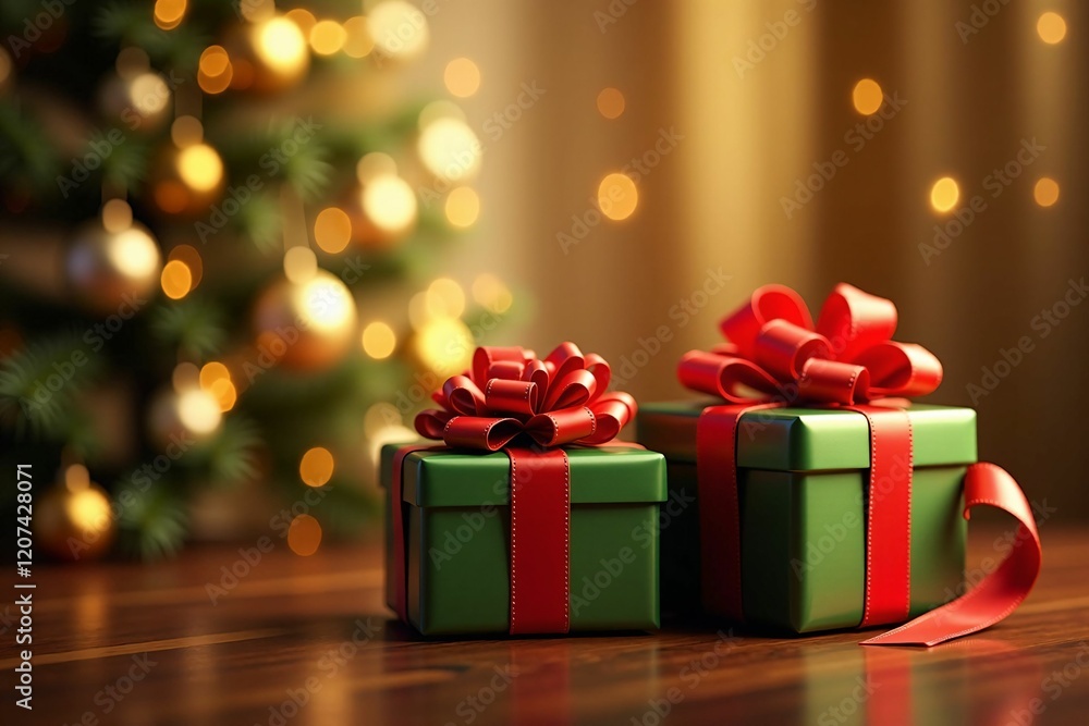 Festive Christmas Tree and Gift Boxes with Glowing Lights and Seasonal Decorations Festive Christmas Tree and Gift Boxes with Glowing Lights and Seasonal Decorations