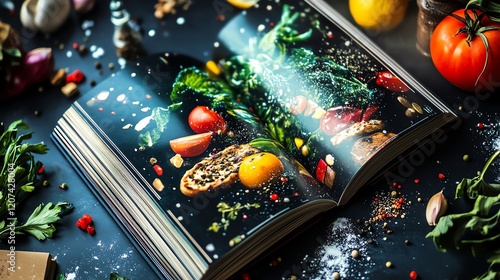 Tilted angle view of a surreal cookbook, vibrant colors swirling like abstract art, blending modern novel covers with culinary ingredients, oil paint texture, inspiring creativity photo