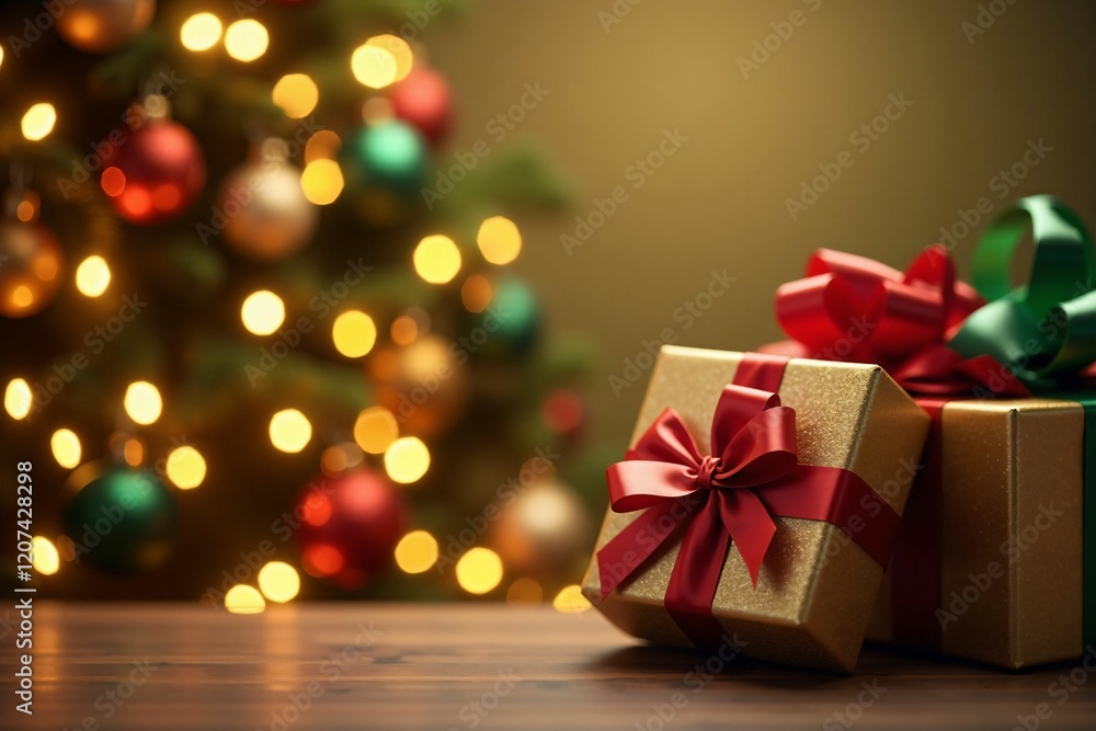 Festive Christmas Tree and Gift Boxes with Glowing Lights and Seasonal Decorations Festive Christmas Tree and Gift Boxes with Glowing Lights and Seasonal Decorations
