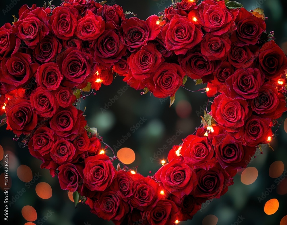 Romantic Heart-Shaped Roses Frame Surrounded by Lighting for Valentine's Day Celebration. Romantic Heart-Shaped Roses Frame Surrounded by Lighting for Valentine's Day Celebration.