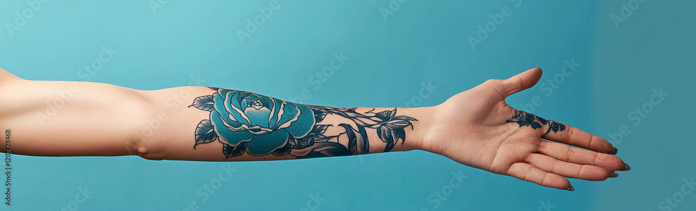 © kora studio - detailed tattoo of blue rose on person arm against blue background, showcasing intricate designs and floral elements © kora studio - detailed tattoo of blue rose on person arm against blue background, showcasing intricate designs and floral elements