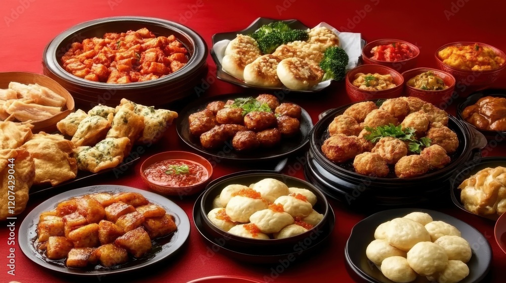 Chinese New Year Family Dinner: A Festive Table Adorned with Fish Balls, Stuffed Buns, and Red Decor, Capturing the Essence of Lunar Celebrations Chinese New Year Family Dinner: A Festive Table Adorned with Fish Balls, Stuffed Buns, and Red Decor, Capturing the Essence of Lunar Celebrations