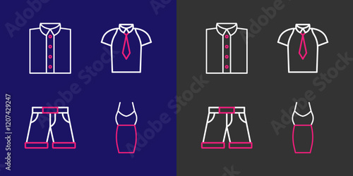 Set line Woman dress, Short or pants, Shirt and icon. Vector