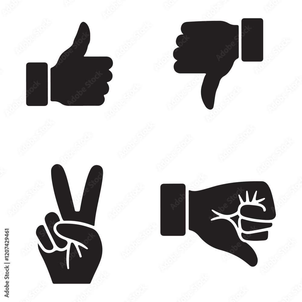 Set of Hand Gestures: Thumbs Up, Thumbs Down, Peace Sign, and Fist Set of Hand Gestures: Thumbs Up, Thumbs Down, Peace Sign, and Fist