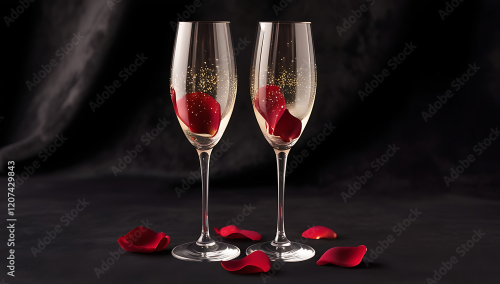 Two champagne glasses with red rose petals on a dark background, romantic table setting, a romantic Valentine's Day dining scene, Valentine's Day concept, love, 14th February, affection, generative ai Two champagne glasses with red rose petals on a dark background, romantic table setting, a romantic Valentine's Day dining scene, Valentine's Day concept, love, 14th February, affection, generative ai