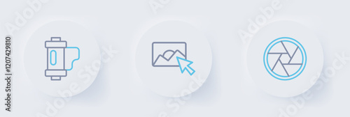 Set line Camera shutter, Photo retouching and film roll cartridge icon. Vector