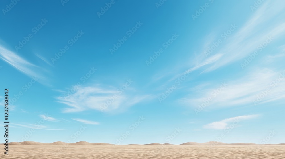 Serene Desert Landscape with Clear Blue Sky and Gentle Clouds in Vast Open Space, Perfect for Nature and Travel Themes in Photography or Illustration Projects Serene Desert Landscape with Clear Blue Sky and Gentle Clouds in Vast Open Space, Perfect for Nature and Travel Themes in Photography or Illustration Projects