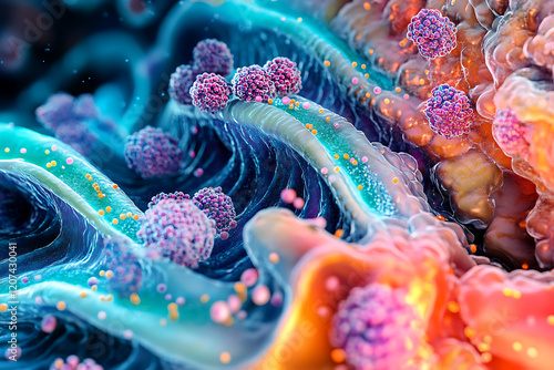 Colorful microscopic view of cellular structures interacting in a vibrant biological environment photo