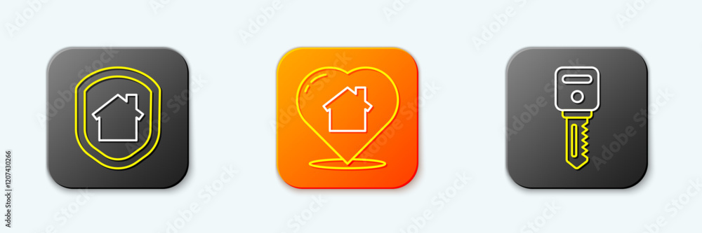 Set line House under protection, with heart shape and key icon. Vector Set line House under protection, with heart shape and key icon. Vector