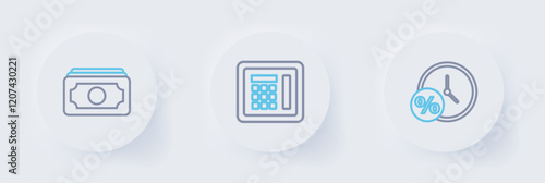 Set line Clock and percent, Safe and Stacks paper money cash icon. Vector