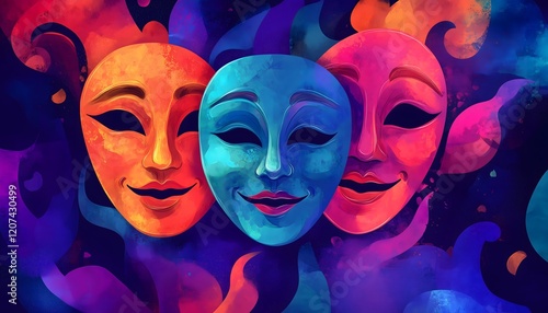 Wallpaper Mural A vibrant illustration of three colorful drama masks Torontodigital.ca