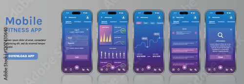 A sleek fitness app interface template featuring responsive design elements, including dashboards, charts, and statistics. Perfect for tracking health, weekly progress, and sports activities