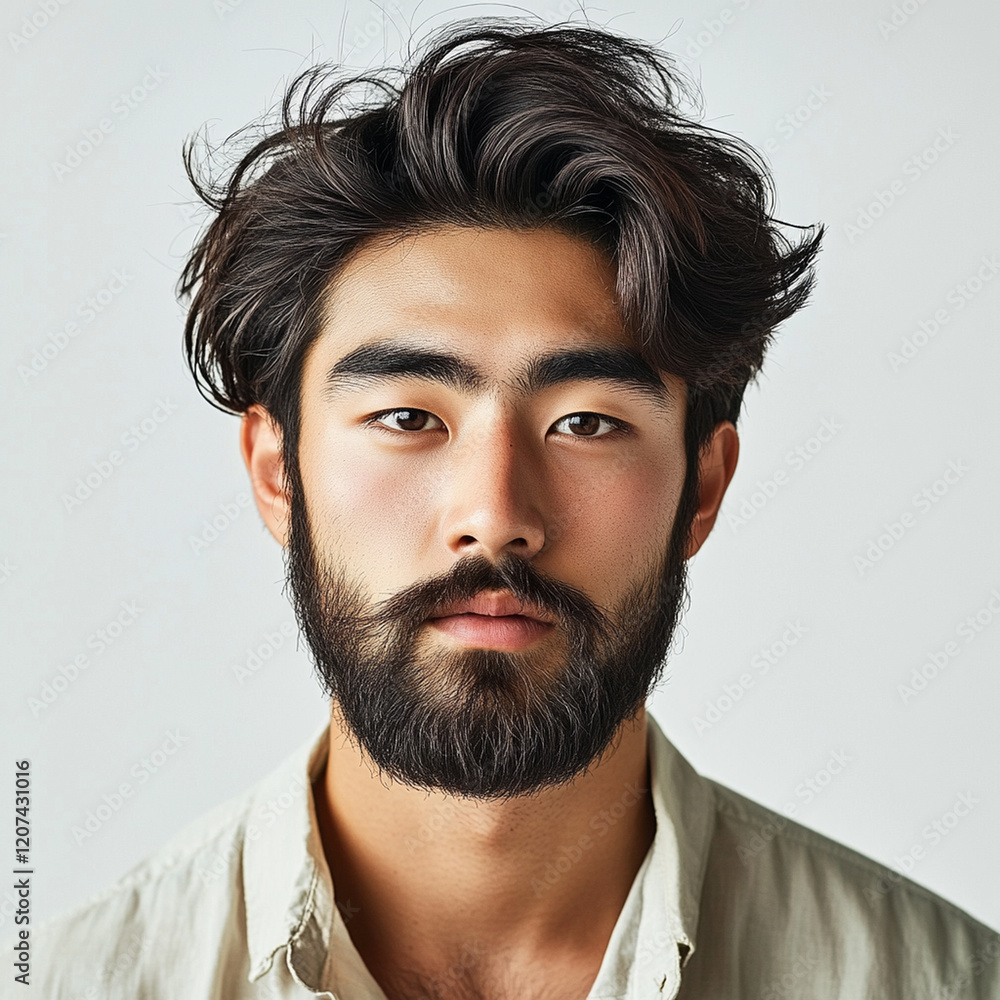 Obraz premium young asian modern japanese man with thick beard and stylish hair, wearing light colored shirt, poses against neutral background, exuding confidence and charm white plain background