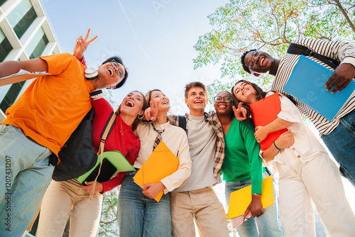 Photography Low angle view of a diverse group of students smiling together, holding notebook