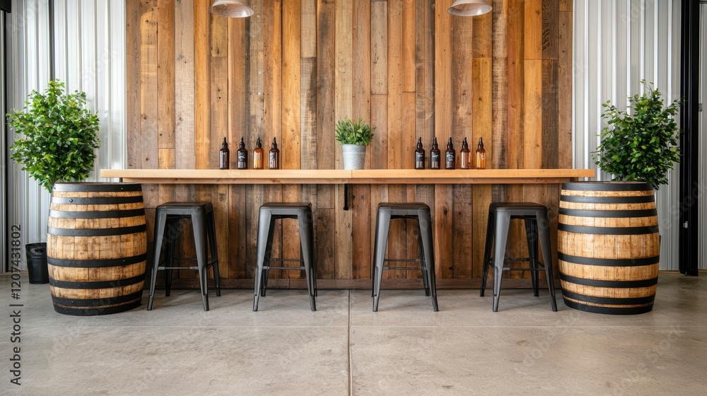 Obraz premium A modern bar setup featuring a wooden wall, metal stools, and decorative plants, creating a warm, inviting ambiance.
