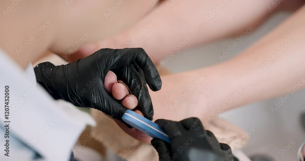 Close-up of hands as an Asian spa technician shapes a customer’s toenails using a file. Gloves emphasize hygiene and professionalism in a modern small business nail care setting. Close-up of hands as an Asian spa technician shapes a customer’s toenails using a file. Gloves emphasize hygiene and professionalism in a modern small business nail care setting.