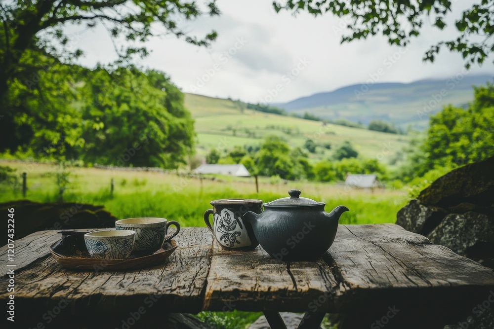 Tea in the Countryside: A rustic countryside setting with a wooden table, a pot of tea, and handmade ceramic cups, surrounded by rolling hills and farms. Tea in the Countryside: A rustic countryside setting with a wooden table, a pot of tea, and handmade ceramic cups, surrounded by rolling hills and farms.