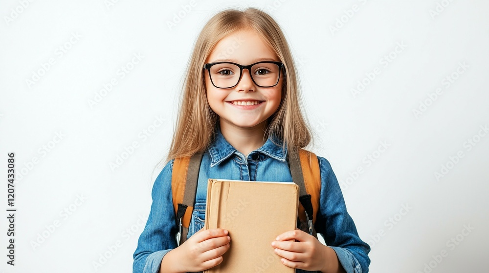 Portrait of a happy schoolgirl with books and glasses on a background, a smiling child holding a book isolated over a color studio backdrop, a mockup for an education or Back to School Portrait of a happy schoolgirl with books and glasses on a background, a smiling child holding a book isolated over a color studio backdrop, a mockup for an education or Back to School