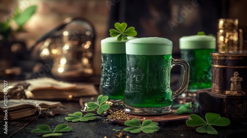 Festive Green Beer Mugs for St Patricks Day Celebration photo