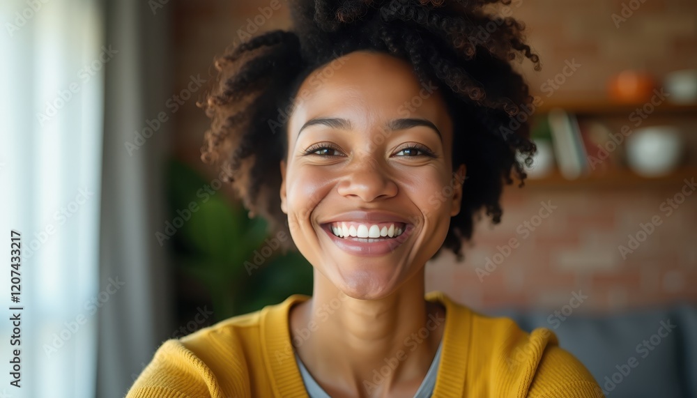 Fototapeta premium Woman with Radiant Smile in Cozy Home Reading Corner