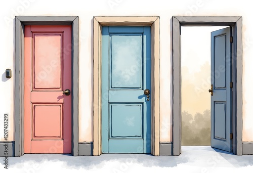 水彩のドアフレームセット：シンプルなスタイル、オープンデザイン、異なるスタイル、ソフトカラー、使用感のあるテクスチャ、背景なし、個別の要素、ミニマリスト、透明、ベクター。


