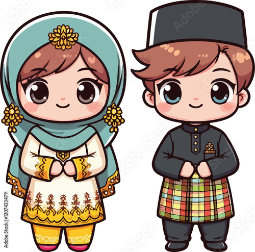 Cute muslim boy and girl. Happy Ramadan, Happy Fasting Day. Selamat Hari Raya Aidilfitri greeting card cartoon character.