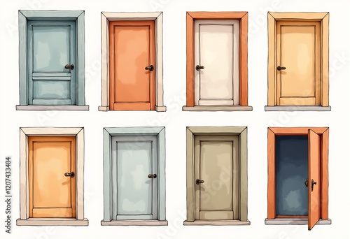 シンプルな水彩のドアフレーム：異なるスタイル、オープンデザイン、ソフトカラー、使用感のあるテクスチャ、背景なし、個別の要素、ミニマリスト、透明、ベクターセット。


