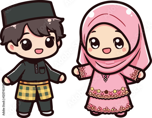 Cute muslim boy and girl. Happy Ramadan, Happy Fasting Day. Selamat Hari Raya Aidilfitri greeting card cartoon character.