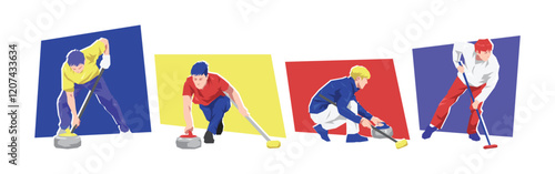 Set of male curling athlete players with different poses. Isolated on white background. Flat character vector illustration.	