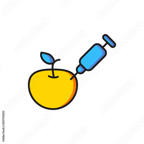 Color Genetically modified apple icon isolated on white background. GMO fruit. Syringe being injected to apple. Flat filled outline style with shadow. Vector